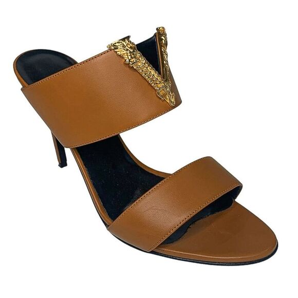 Versace Virtus Brown Leather Mules Heels Gold V Logo EU 39.5 Made in Italy - Picture 1 of 12